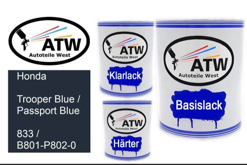 Honda, Trooper Blue / Passport Blue, 833 / B801-P802-0: 1L Lackdose + 1L Klarlack + 500ml Härter - Set, von ATW Autoteile West.